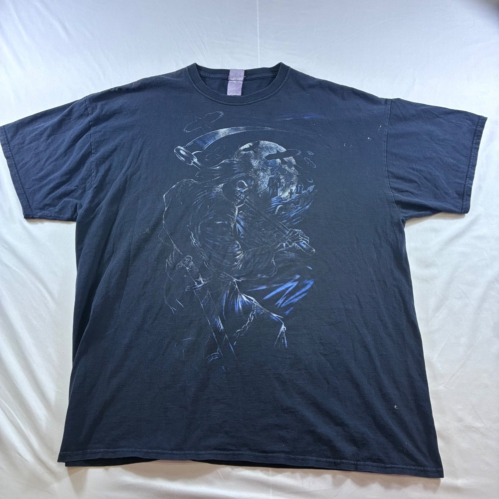 VTG Fruit of the Loom Grim Reaper Scythe Graphic T-Shirt Black Y2K Distressed XL